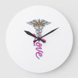 Reloj Redondo Grande Enfermera Amor Caduceo Floral Médico Diseño Vertic