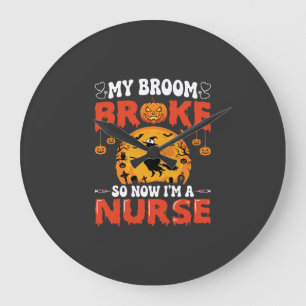 Reloj Redondo Grande Enfermera de Halloween Escoba Rota Bruja Gráfica