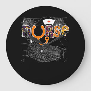 Reloj Redondo Grande Enfermera Halloween con paja de araña de calabaza