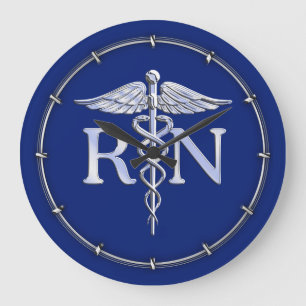 Reloj Redondo Grande Enfermera inscrita RN Caduceus con decoración azul