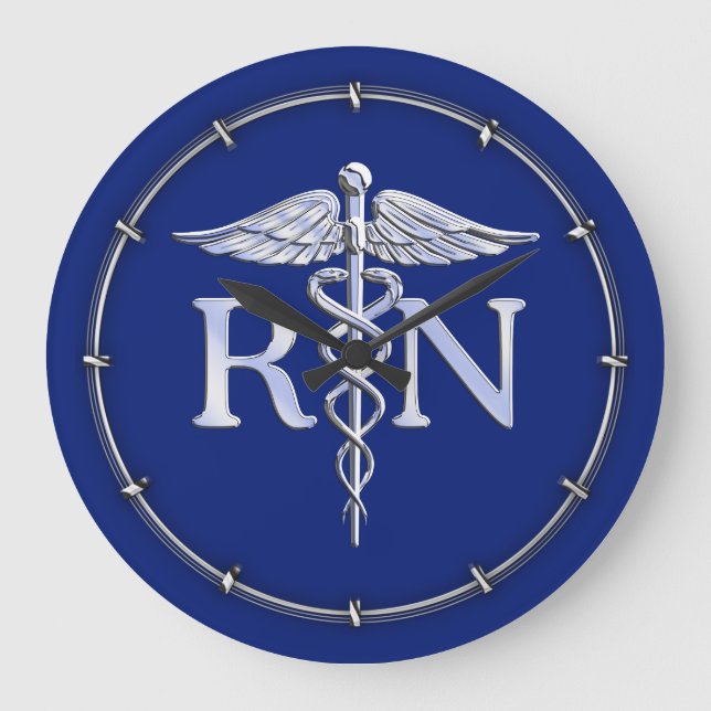 Reloj Redondo Grande Enfermera inscrita RN Caduceus con decoración azul (Anverso)