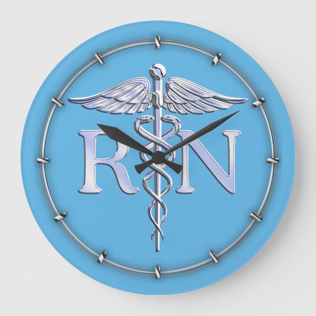 Reloj Redondo Grande Enfermera inscrita RN Silver Como Caduceus Baby Bl (Anverso)