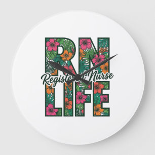 Reloj Redondo Grande Enfermera Registrada RN Vida Floral Diseño Vectori
