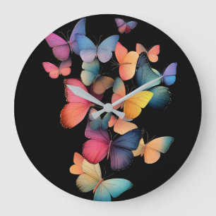 Reloj Redondo Grande Enjambre de mariposas - Arcoiris colorido sobre ne