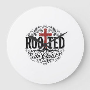 Reloj Redondo Grande Enraizado en Cristo Diseño de Cruz Cristiana Vinta