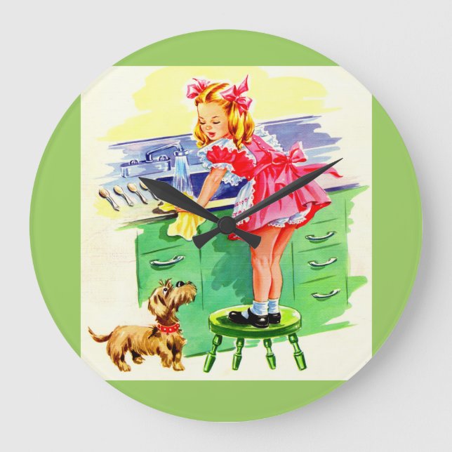 Reloj Redondo Grande Enseñando a Rover a lavar los platos (Anverso)