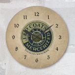 Reloj Redondo Grande Ephemera de mascado de vintage<br><div class="desc">Personalice este reloj de pared decorativo único con un nombre u otro texto para una sala de costura o un rincón. Creado con una imagen de la parte superior de un hilo de rosca vintage en un fondo de papel antiguo. Tu elección de redondo o cuadrado.</div>