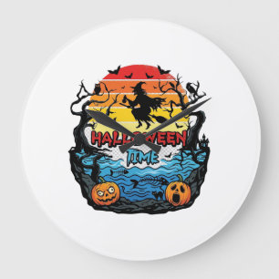 Reloj Redondo Grande Época de Halloween Bruja Calabazas Murciélagos Ata
