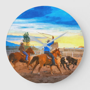 Reloj Redondo Grande Equipo de Rodeo Roping Atardecer Corral Rústico Oc