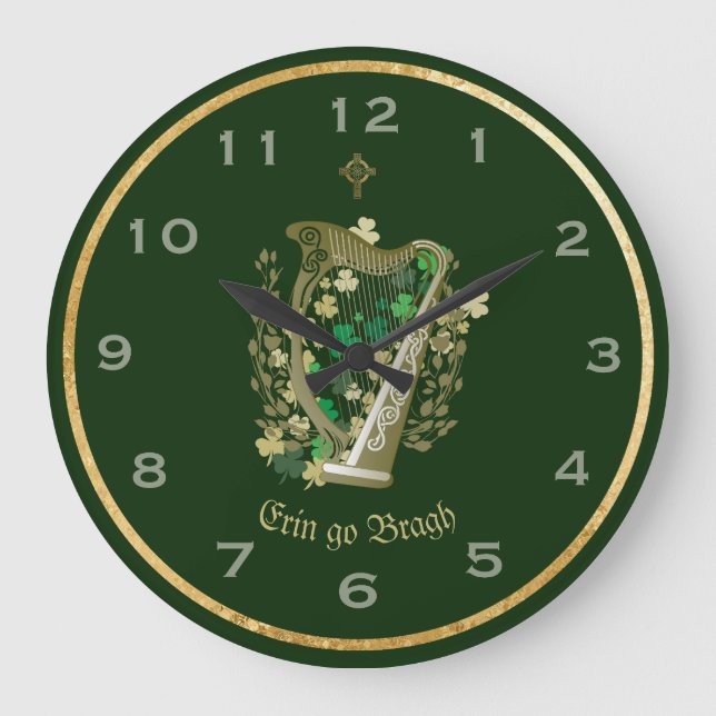 Reloj Redondo Grande Erin Go Bragh Irish Harp Wall Clock (Anverso)