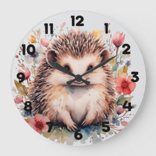 Reloj Redondo Grande Erizo lindo con flores de primavera