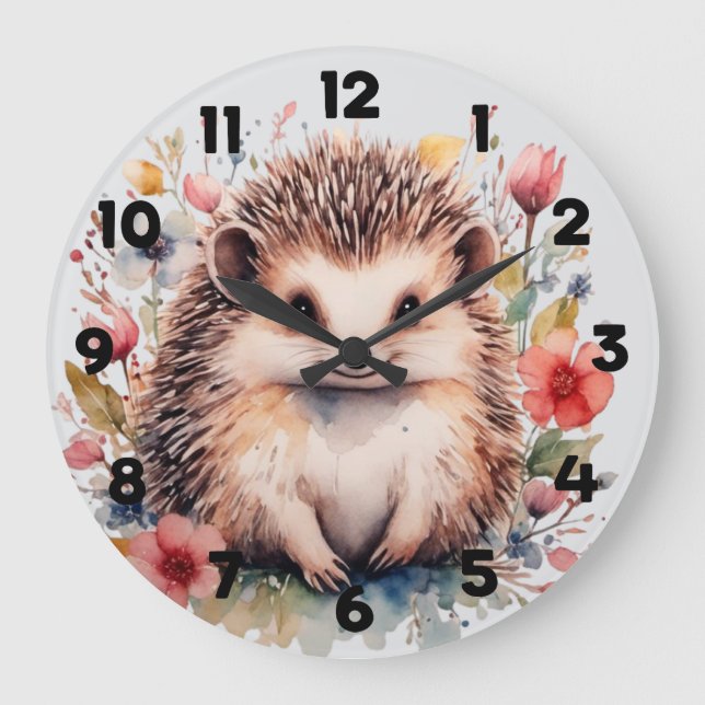 Reloj Redondo Grande Erizo lindo con flores de primavera (Anverso)