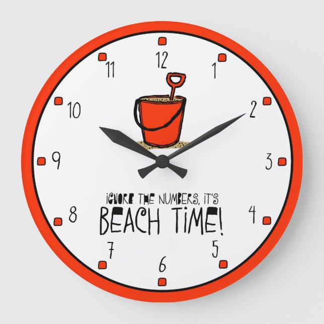 Reloj Redondo Grande ¡Es hora de la playa! Naranja-Rojo (Anverso)