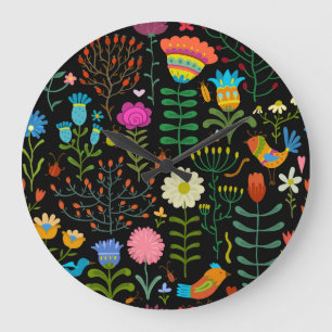 Reloj Redondo Grande Esbozar un patrón artístico floral sin fisuras.