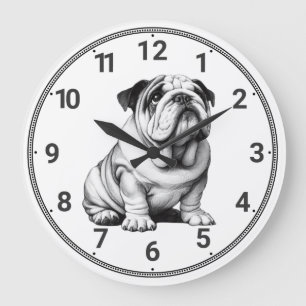 Reloj Redondo Grande Esbozo de bulldog blanco y negro