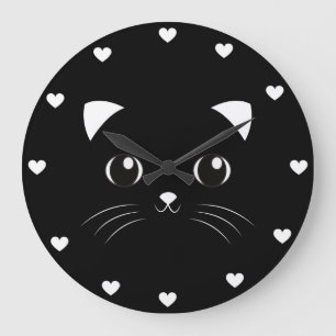 Reloj Redondo Grande Esbozo de la cara del gato negro kawaii