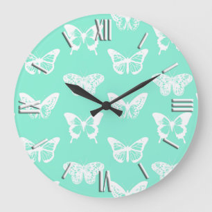 Reloj Redondo Grande Esbozo de mariposa, aqua y blanco