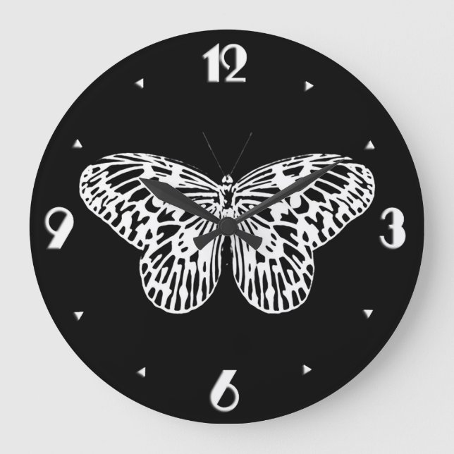 Reloj Redondo Grande Esbozo de mariposa, blanco y negro (Anverso)