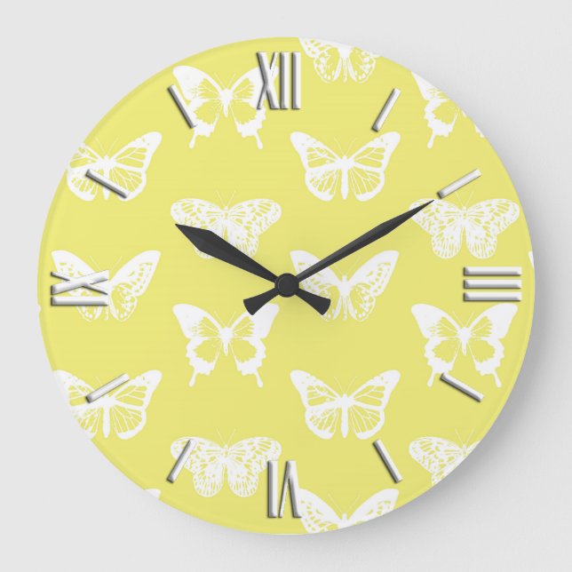 Reloj Redondo Grande Esbozo de mariposa, oro de mostaza y blanco (Anverso)