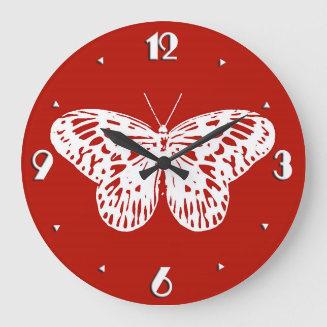 Reloj Redondo Grande Esbozo de mariposa, rojo profundo y blanco (Anverso)
