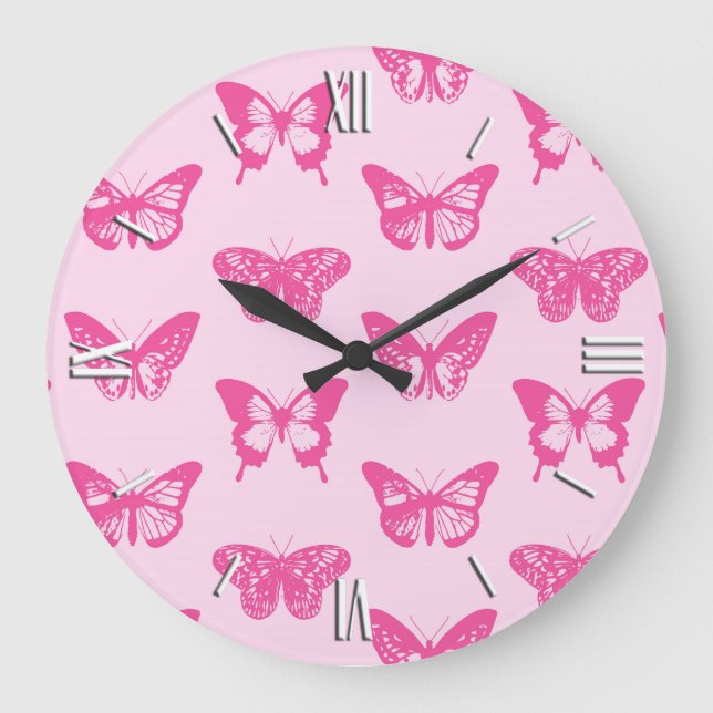 Reloj Redondo Grande Esbozo de mariposa, rosa claro y fucsia (Anverso)