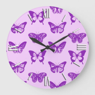 Reloj Redondo Grande Esbozo de mariposa, rosa orquídea y violeta