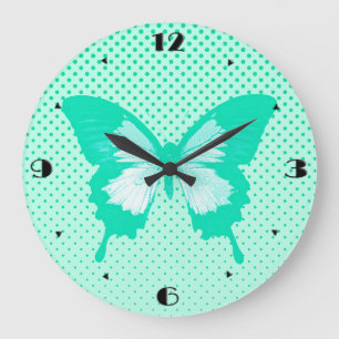 Reloj Redondo Grande Esbozo de mariposa, turquesa