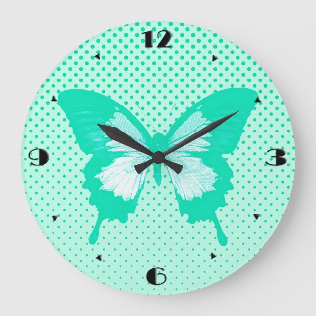 Reloj Redondo Grande Esbozo de mariposa, turquesa (Anverso)