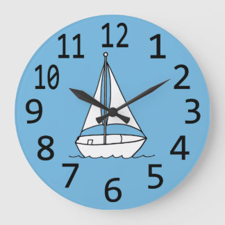 Reloj Redondo Grande Esbozo simple de barco de vela blanco en bloques a