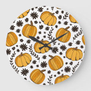 Reloj Redondo Grande Esbozos de calabaza: patrón sin costuras dibujado 