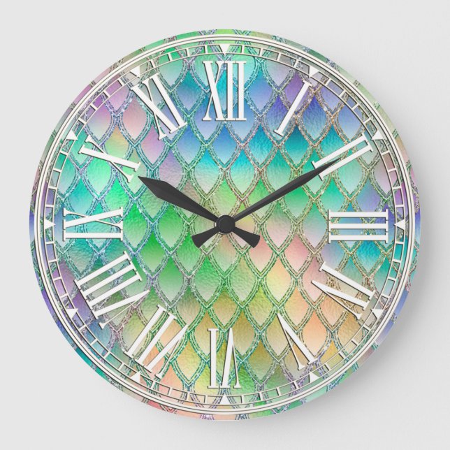 Reloj Redondo Grande Escalas de dragones con arcoiris pálido y espárrag (Anverso)