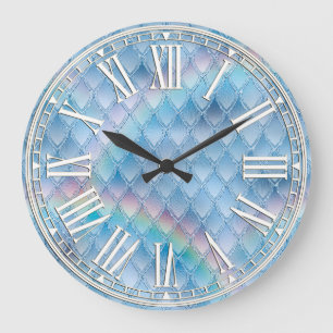 Reloj Redondo Grande Escalas de dragones de arcoiris y azul claro