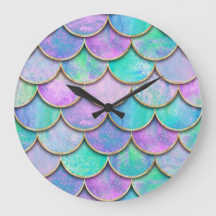 Reloj Redondo Grande Escalas de sirena: patrón de onda de acuarela.