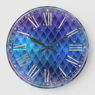 Reloj Redondo Grande Escamas de dragón con destellos azules y plateados