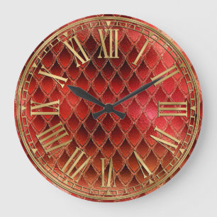 Reloj Redondo Grande Escamas de dragón con efecto ombre rojo y destello