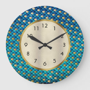 Reloj Redondo Grande Escamas de Sirena Azules y Doradas