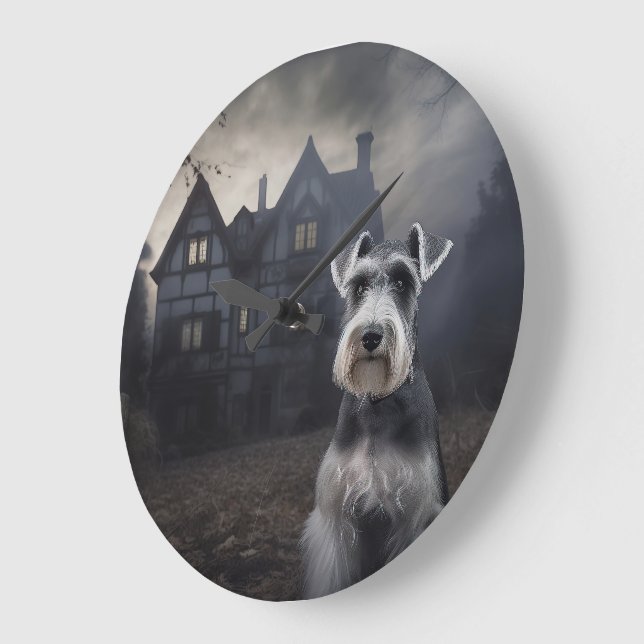 Reloj Redondo Grande Escarnio de Schnauzer Halloween en miniatura (Ángulo)