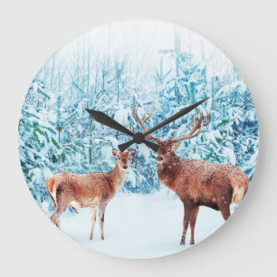 Reloj Redondo Grande Escena De Invierno De La Familia Snowy Deer