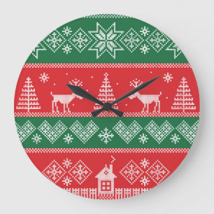 Reloj Redondo Grande Escena de invierno: patrón ininterrumpido vintage