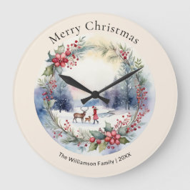 Reloj Redondo Grande Escena de nieve de invierno en acuarela elegante