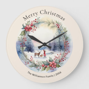 Reloj Redondo Grande Escena de nieve de invierno en acuarela elegante
