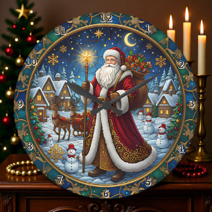 Reloj Redondo Grande Escena festiva de vidrio emplomado de Papá Noel