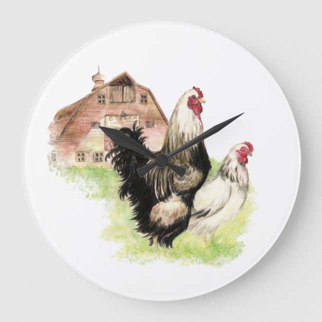 Reloj Redondo Grande Escena original de los pollos y del granero de la (Anverso)