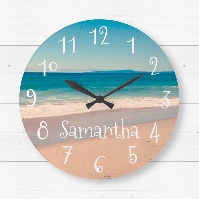 Reloj Redondo Grande Escena personalizada de Aqua Beach (Personalized Aqua Beach Scene Large Clock)
