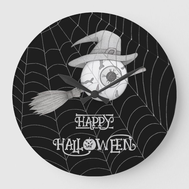 Reloj Redondo Grande escoba de brujas de Halloween, ojo temible, telara (Anverso)