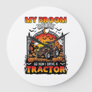 Reloj Redondo Grande Escoba Rompió Tractor Bruja de Halloween Fantasmas