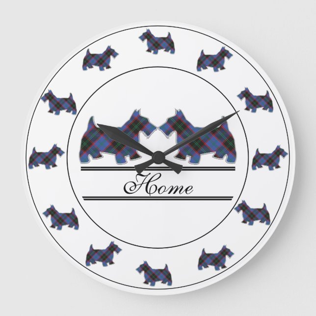 Reloj Redondo Grande Escocia Clan Home Tartan Plaid Scottie Dogs (Anverso)