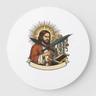 Reloj Redondo Grande Escritorio de pie Jesús roto atascado a mitad de c