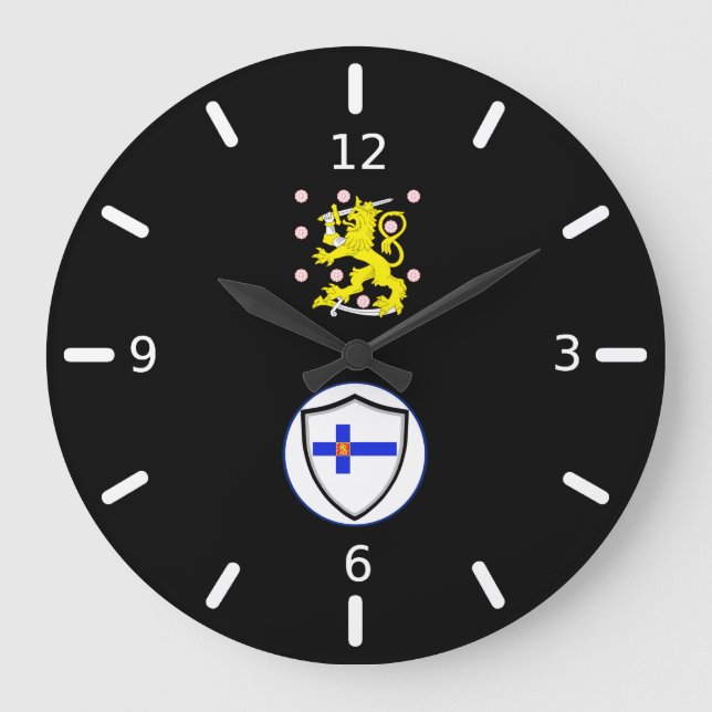 Reloj Redondo Grande Escudo de bandera finlandés con reloj grande (Anverso)