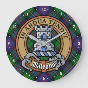 Reloj Redondo Grande Escudo de Clan Malcolm sobre Tartán